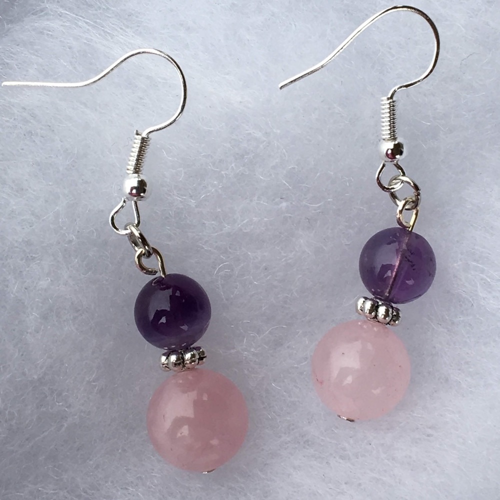 Purple Amethyst Pink Rose Quartz Earrings